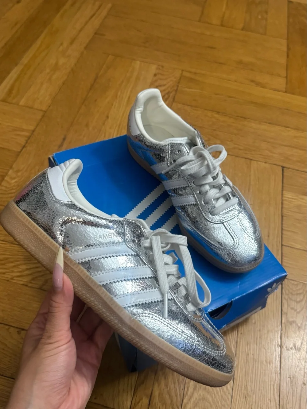 adidas Samba Metallic Silver Sneakers with White Stripes